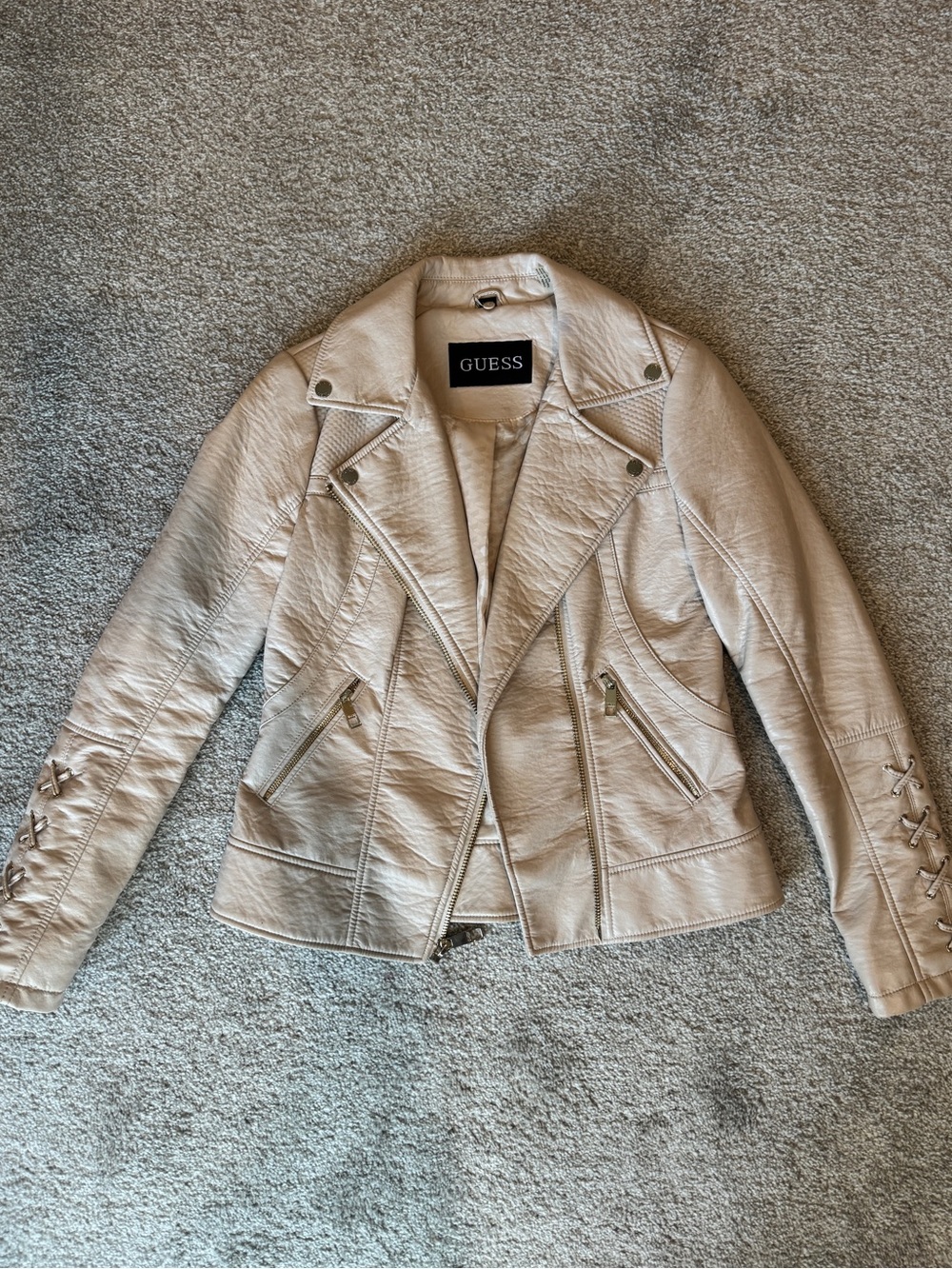 GUESS Light Beige Leather Moto Jacket with Lace-Up Sleeves